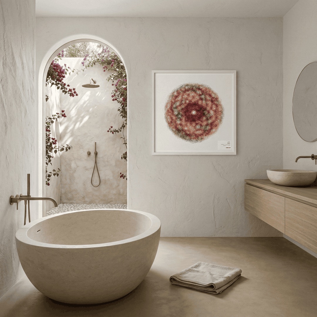Vox et Forma — Copper Torus framed in a villa bathroom